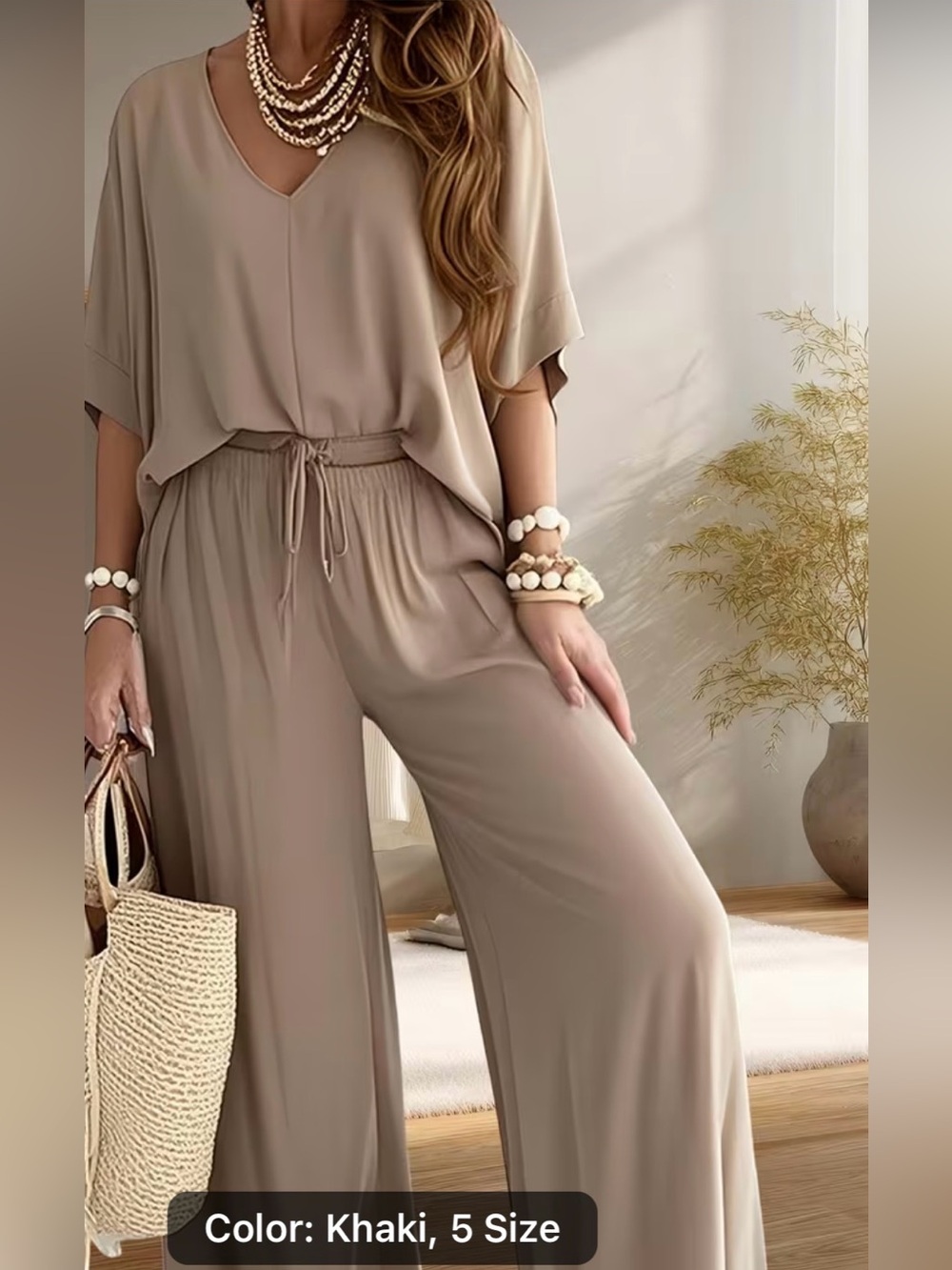 Women’s Khaki Wide-Leg Jumpsuit - Relaxed V-Neck